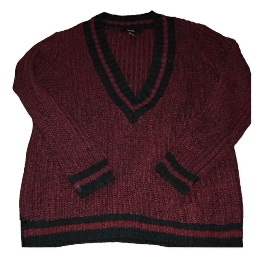 ✨Forever 21 Cable Knit Burgundy Varsity V Neck Striped Trim Sweater✨ - Picture 4 of 7